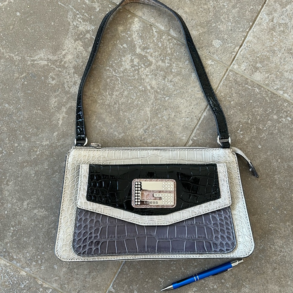 Guess vintage bag cream,grey, black small shoulder bag with silver GUESS stones